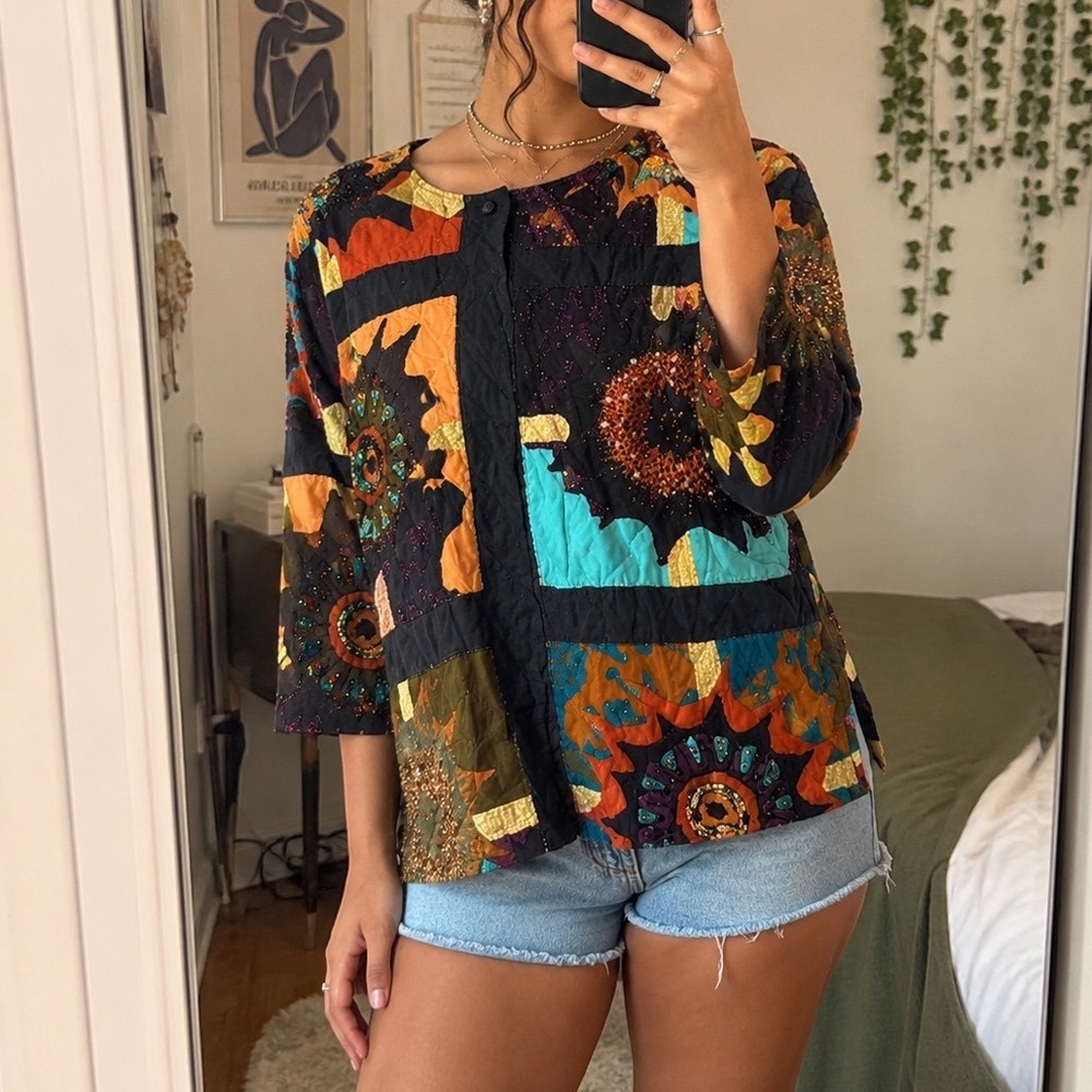 beaded floral boho funky artsy long sleeve top whimsy NWT deadstock